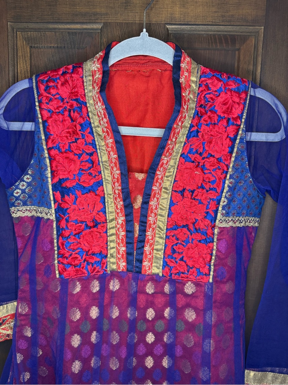 Handmade Royal Blue Red Anarkali Kurti Dress Sheer Sleeves Brocade Small 41" - Picture 4 of 9